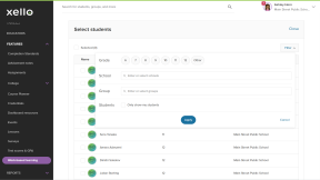The filters for the student list for opportunity requests. Filter options include grade, school, group, and only my students.